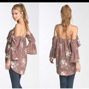 CHERISH FLORAL MOCHA BLOUSE Size Large OFF SHOULDER LONG SLEEVES‎ FRONT TIE